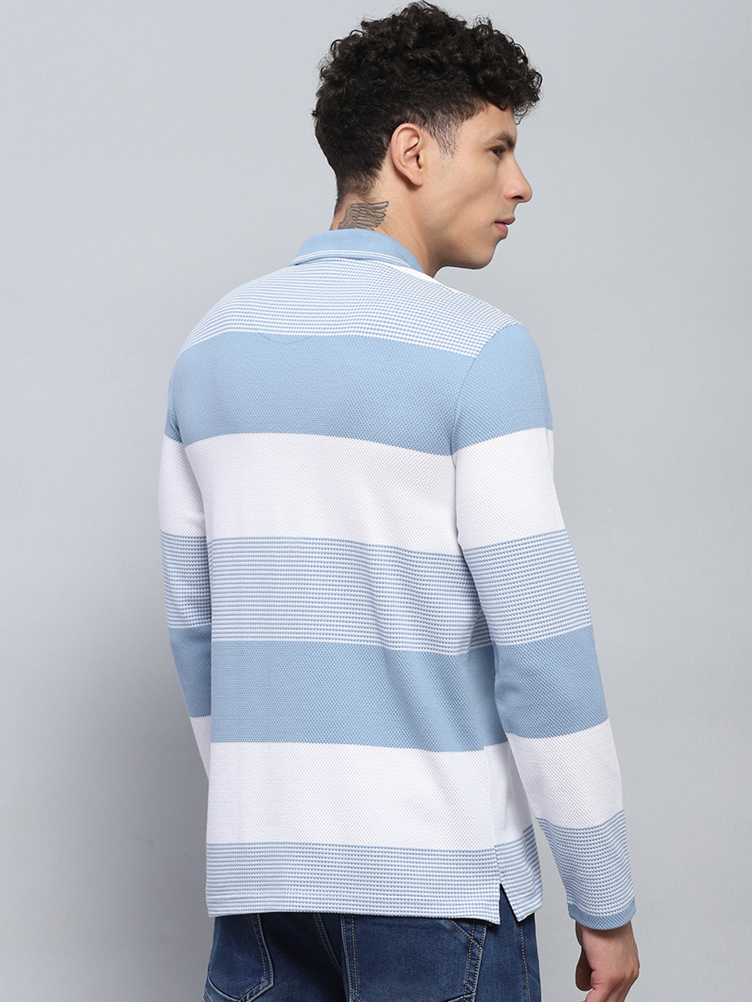 Men Blue Stripe Collar Full Sleeve Winter T-Shirt