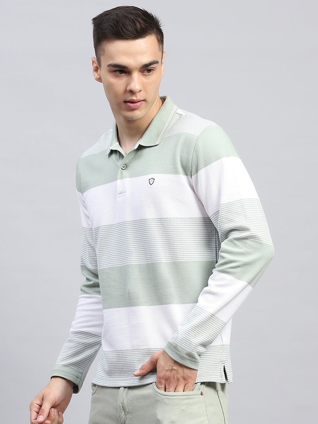 Men Green Stripe Collar Full Sleeve Winter T-Shirt