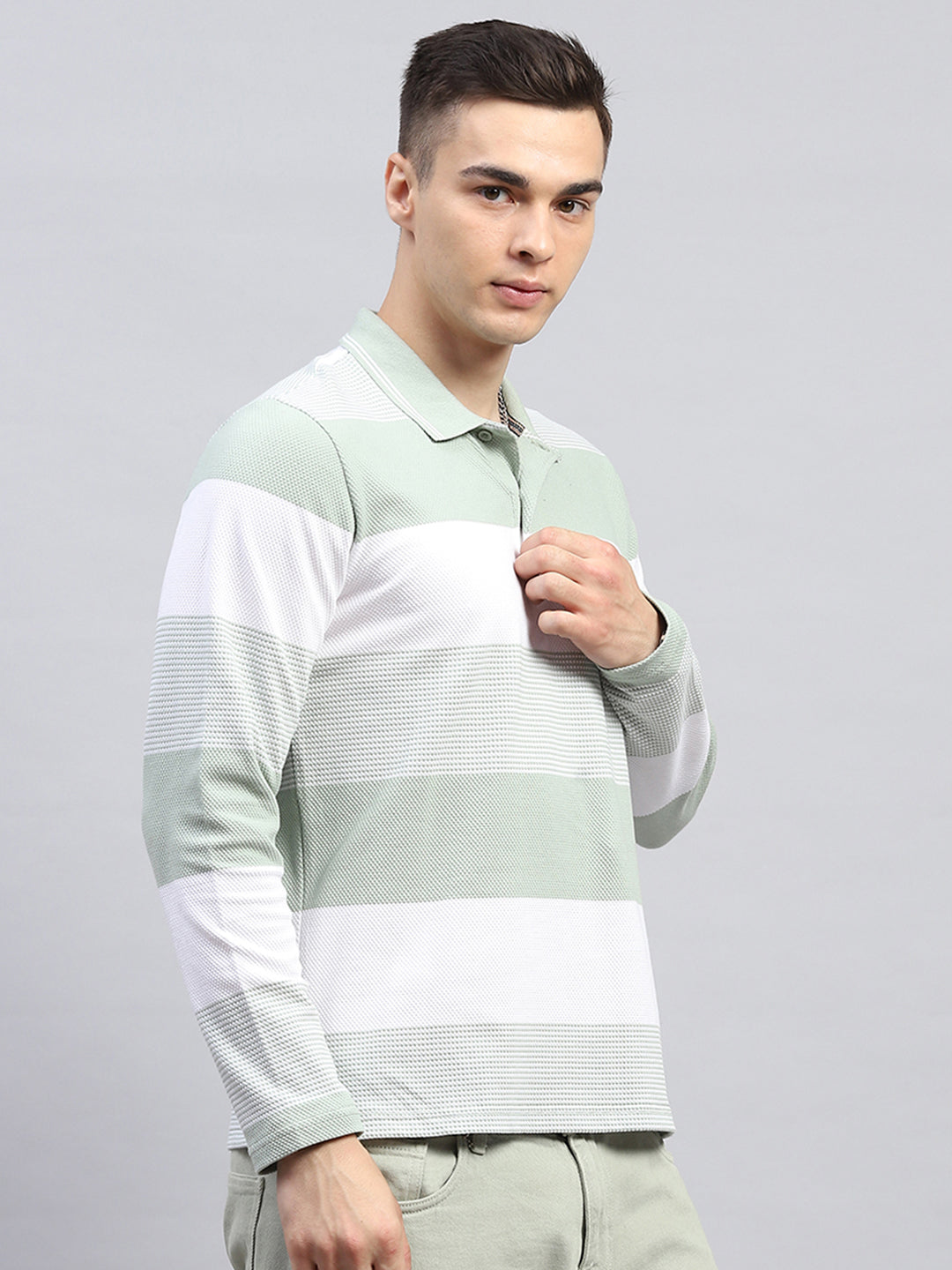 Men Green Stripe Collar Full Sleeve Winter T-Shirt