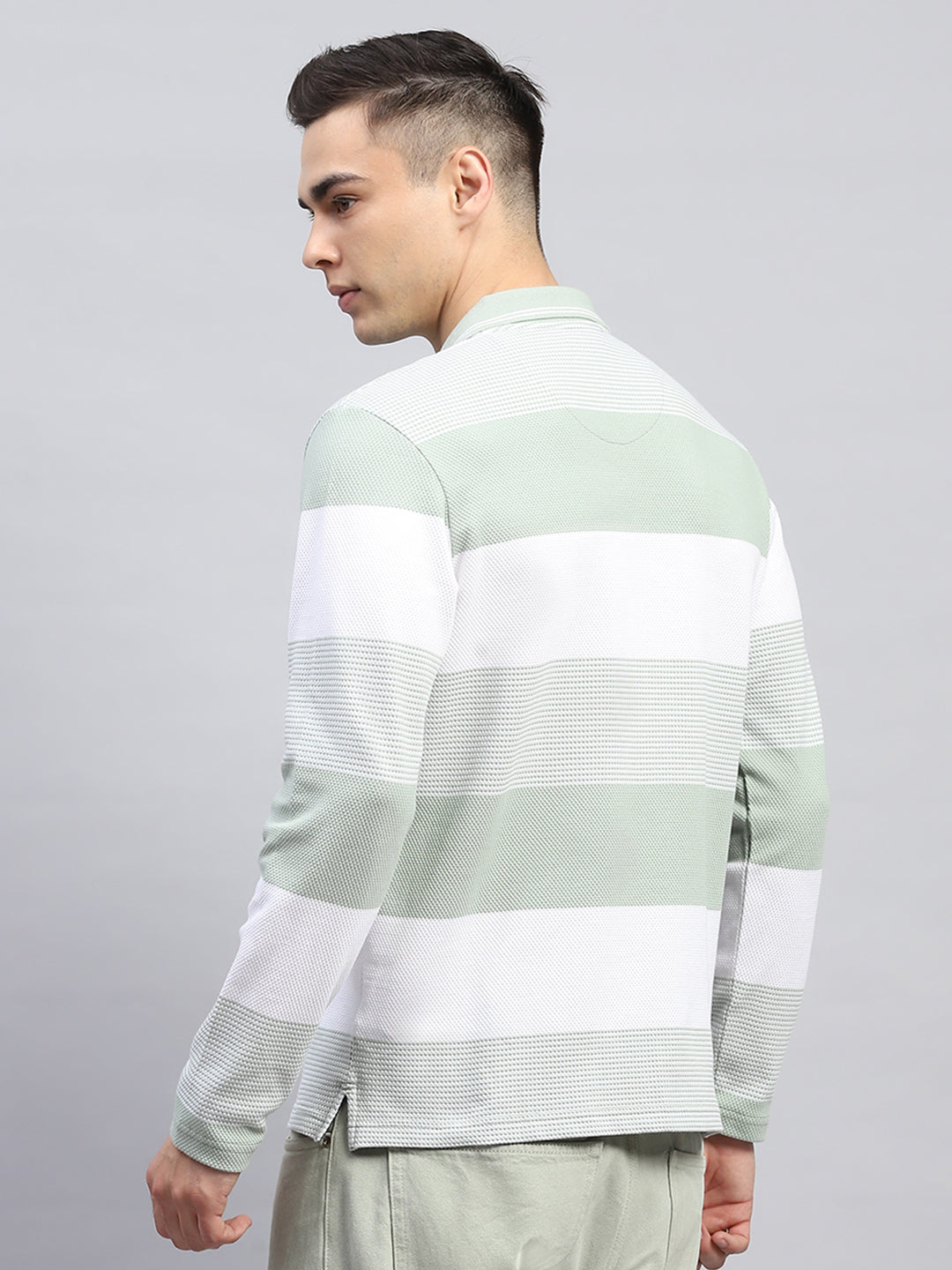 Men Green Stripe Collar Full Sleeve Winter T-Shirt