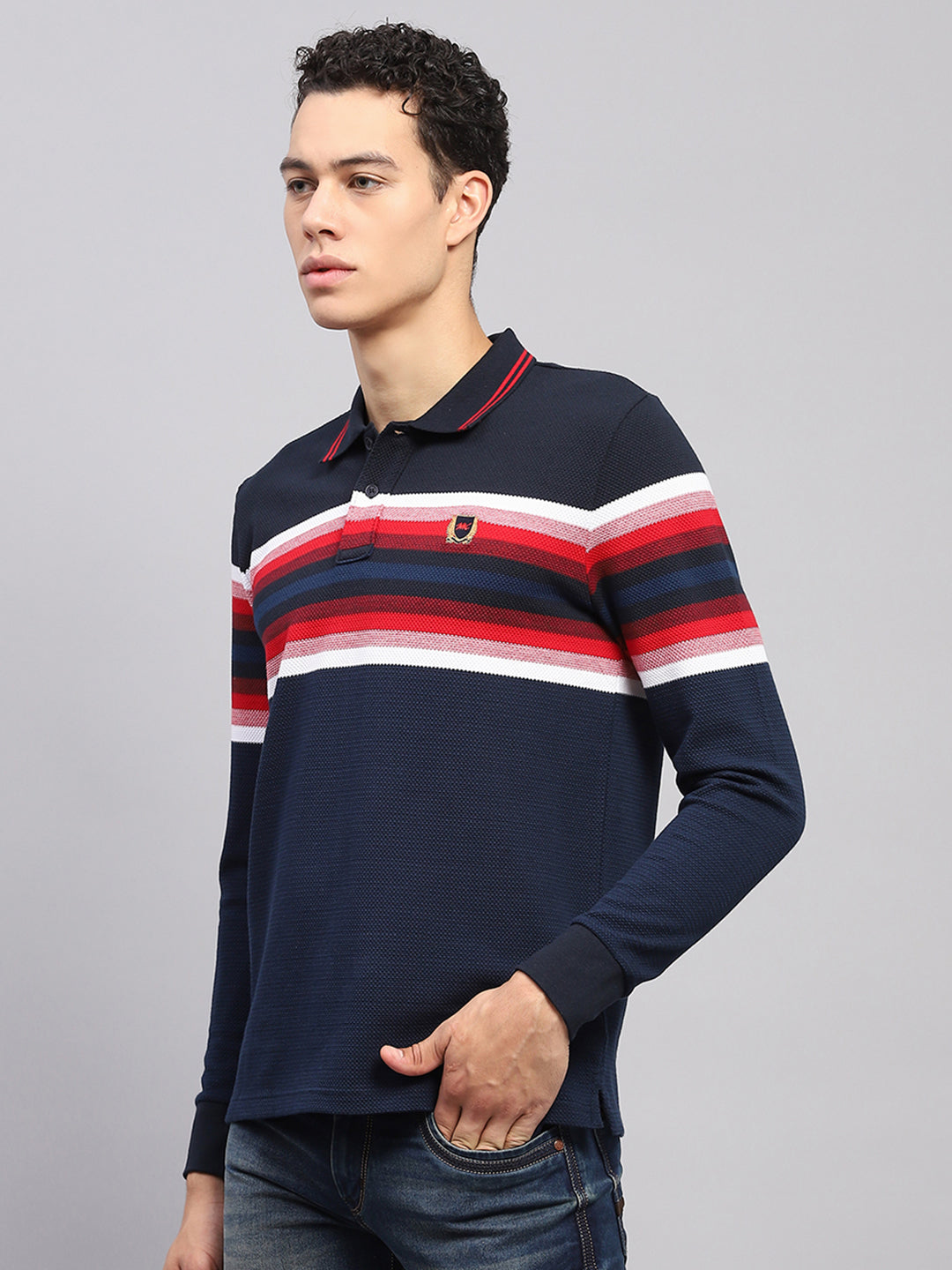 Men Navy Blue Stripe Collar Full Sleeve Winter T-Shirt