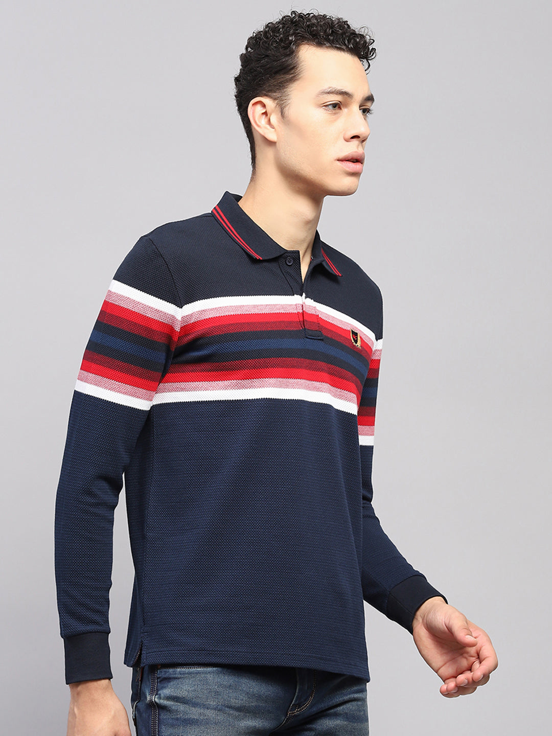 Men Navy Blue Stripe Collar Full Sleeve Winter T-Shirt