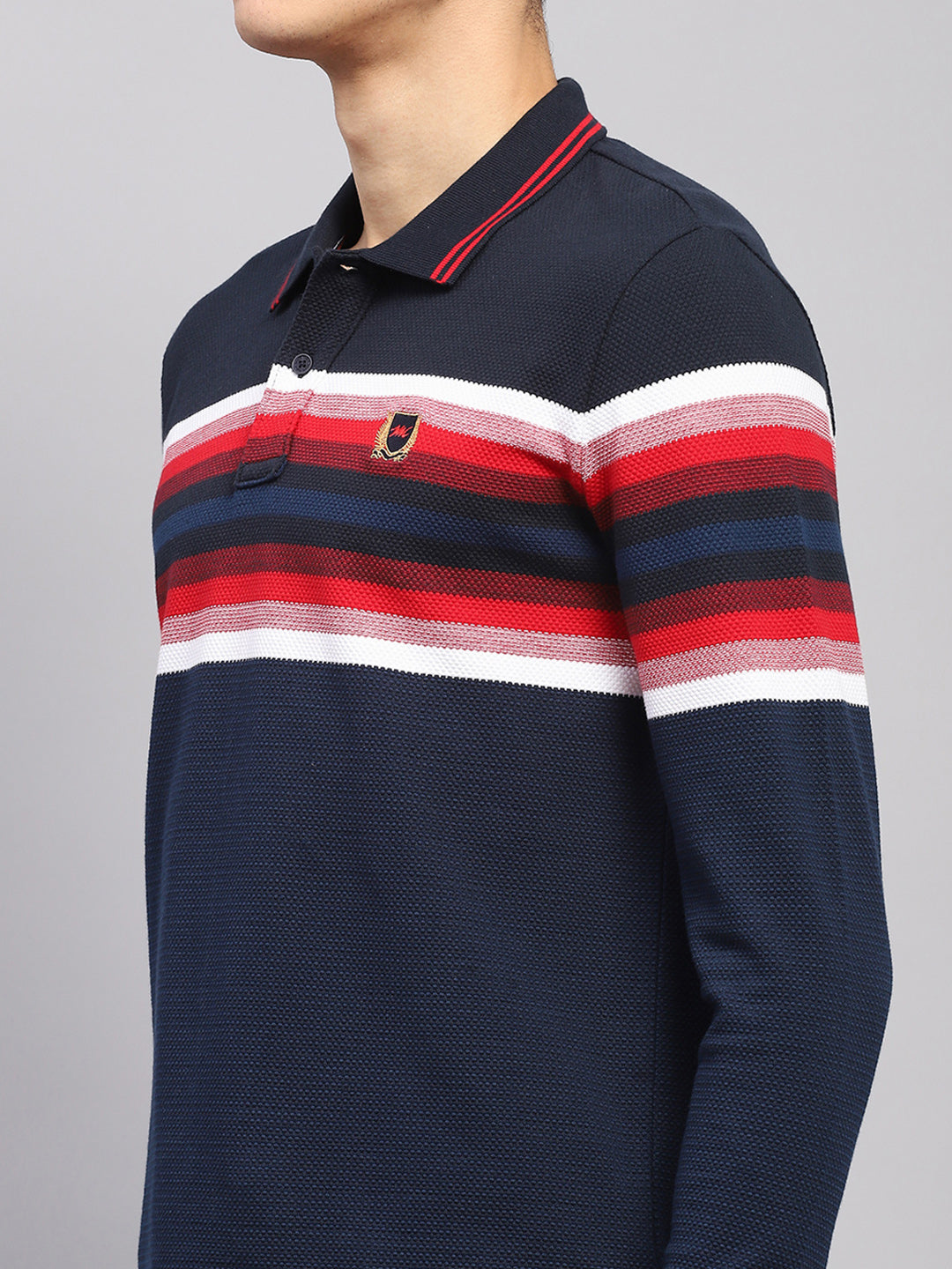 Men Navy Blue Stripe Collar Full Sleeve Winter T-Shirt