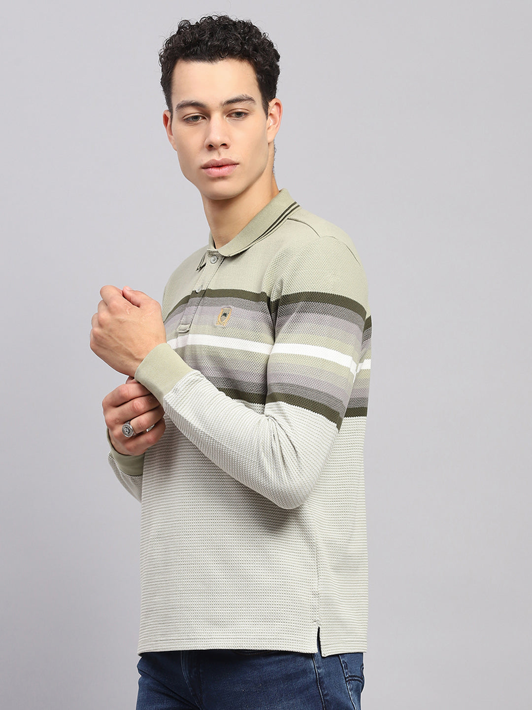 Men Green Stripe Collar Full Sleeve Winter T-Shirt