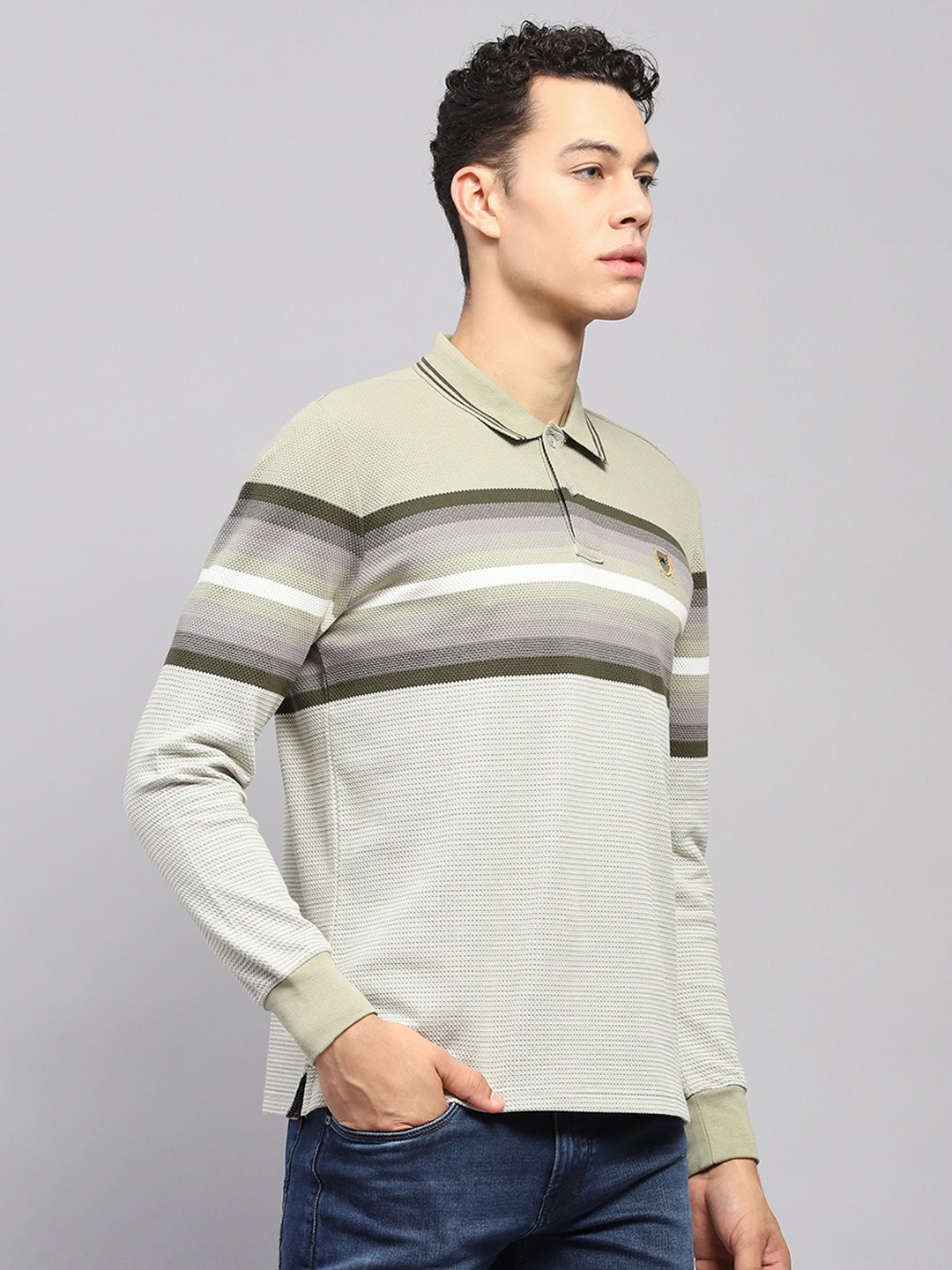 Men Green Stripe Collar Full Sleeve Winter T-Shirt