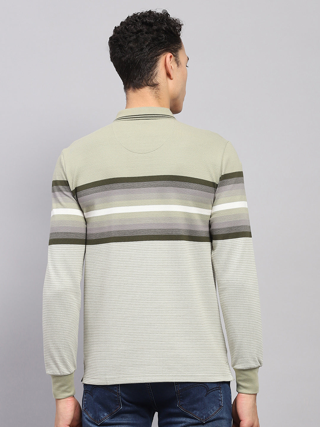 Men Green Stripe Collar Full Sleeve Winter T-Shirt