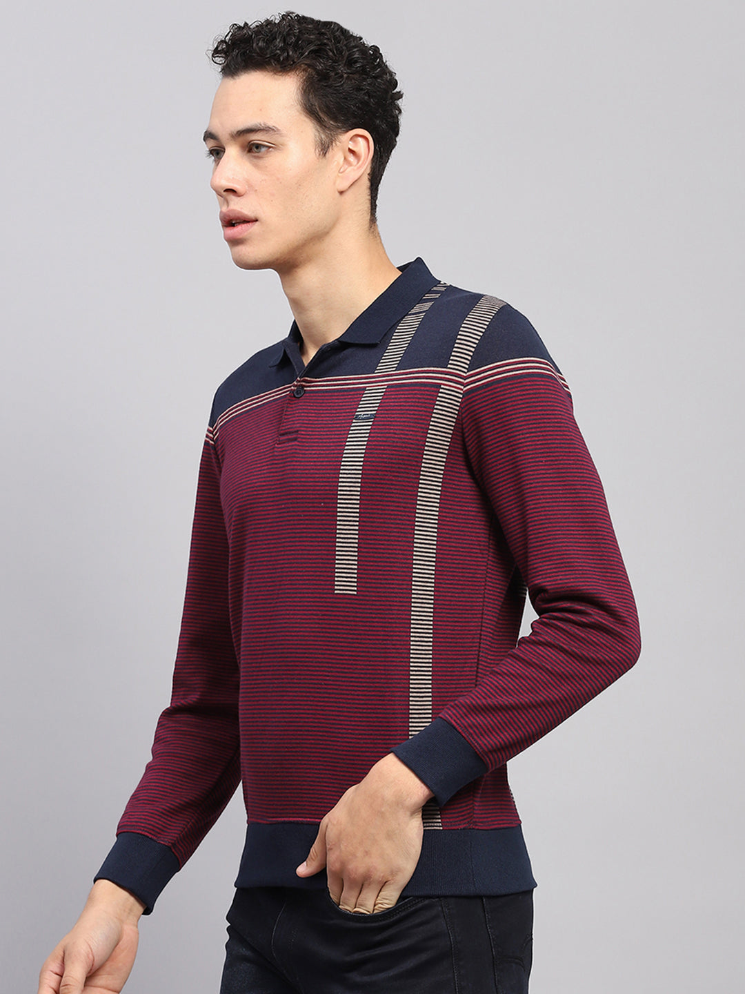 Men Maroon Stripe Polo Collar Full Sleeve Sweatshirt