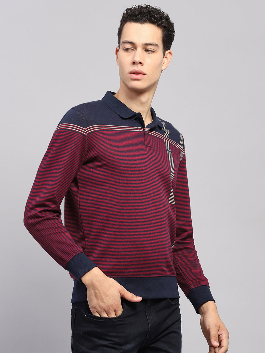 Men Maroon Stripe Polo Collar Full Sleeve Sweatshirt