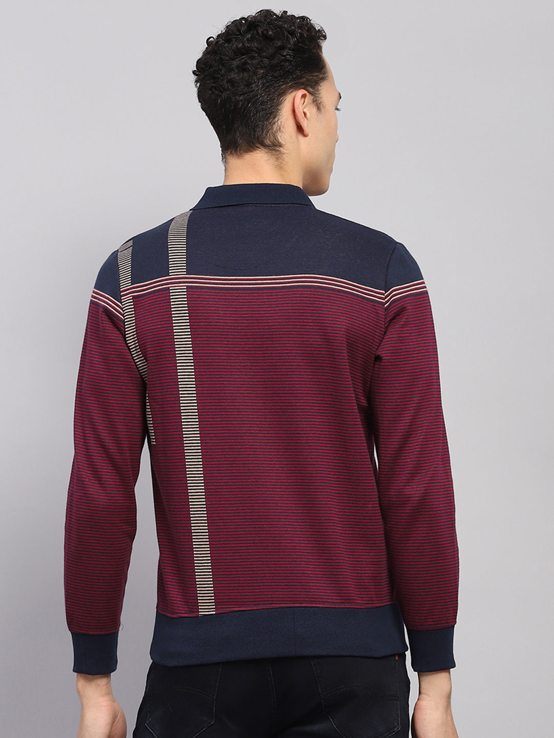 Men Maroon Stripe Polo Collar Full Sleeve Sweatshirt