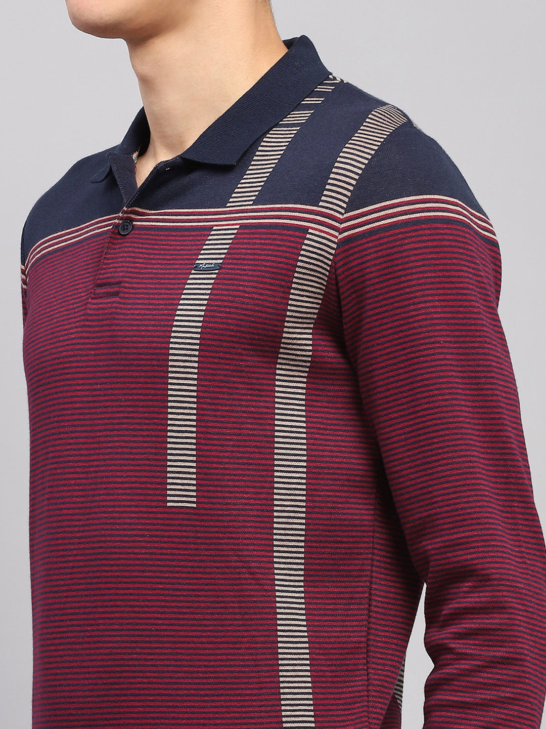 Men Maroon Stripe Polo Collar Full Sleeve Sweatshirt