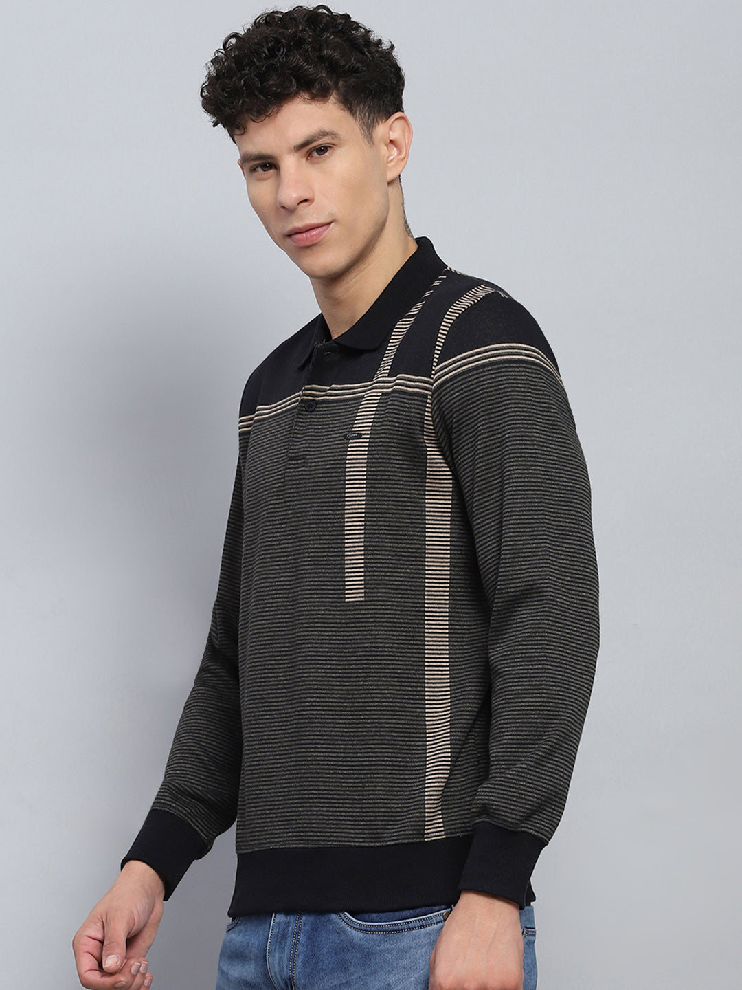 Men Black Stripe Collar Full Sleeve Winter T-Shirt