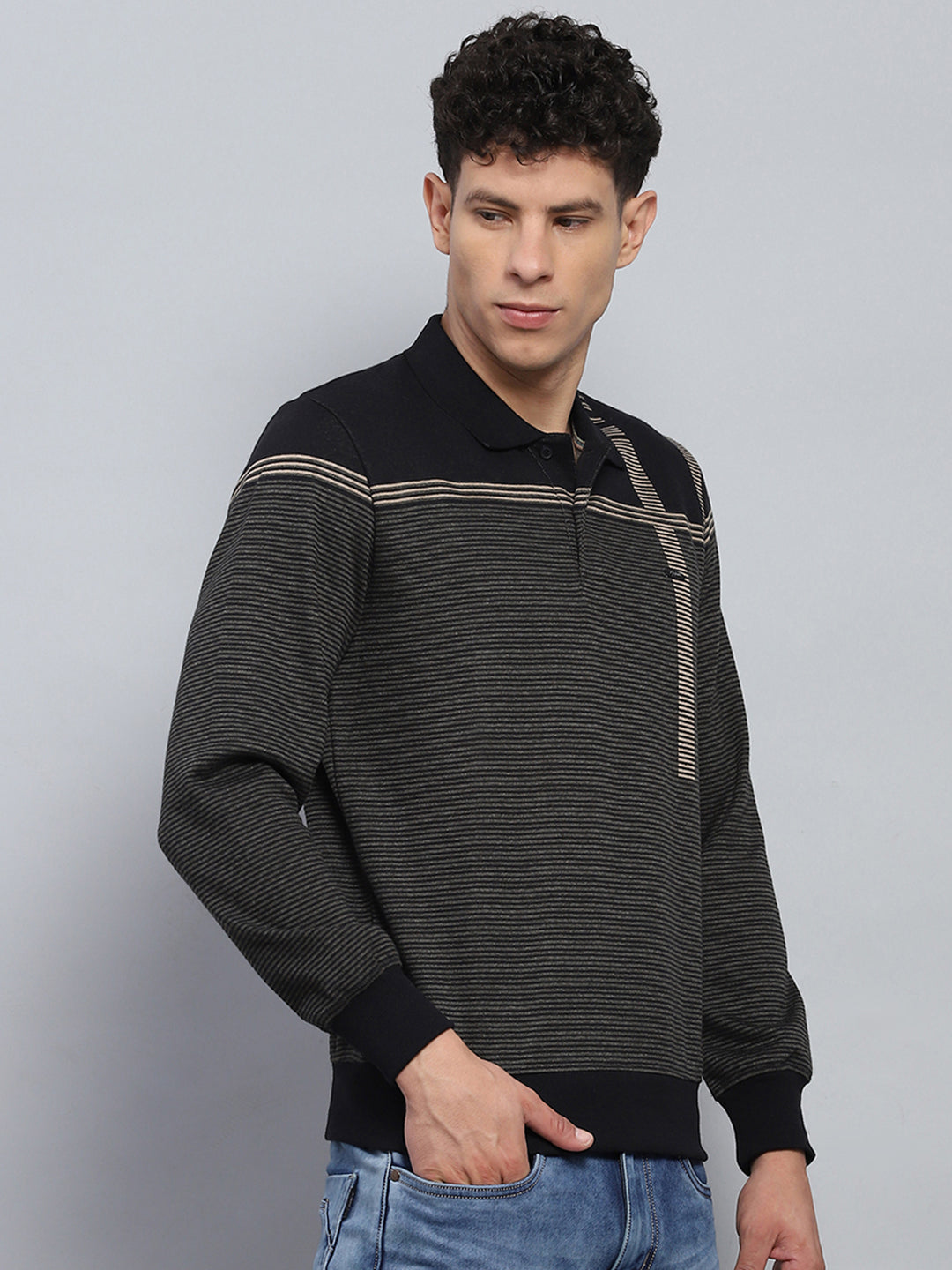 Men Black Stripe Collar Full Sleeve Winter T-Shirt