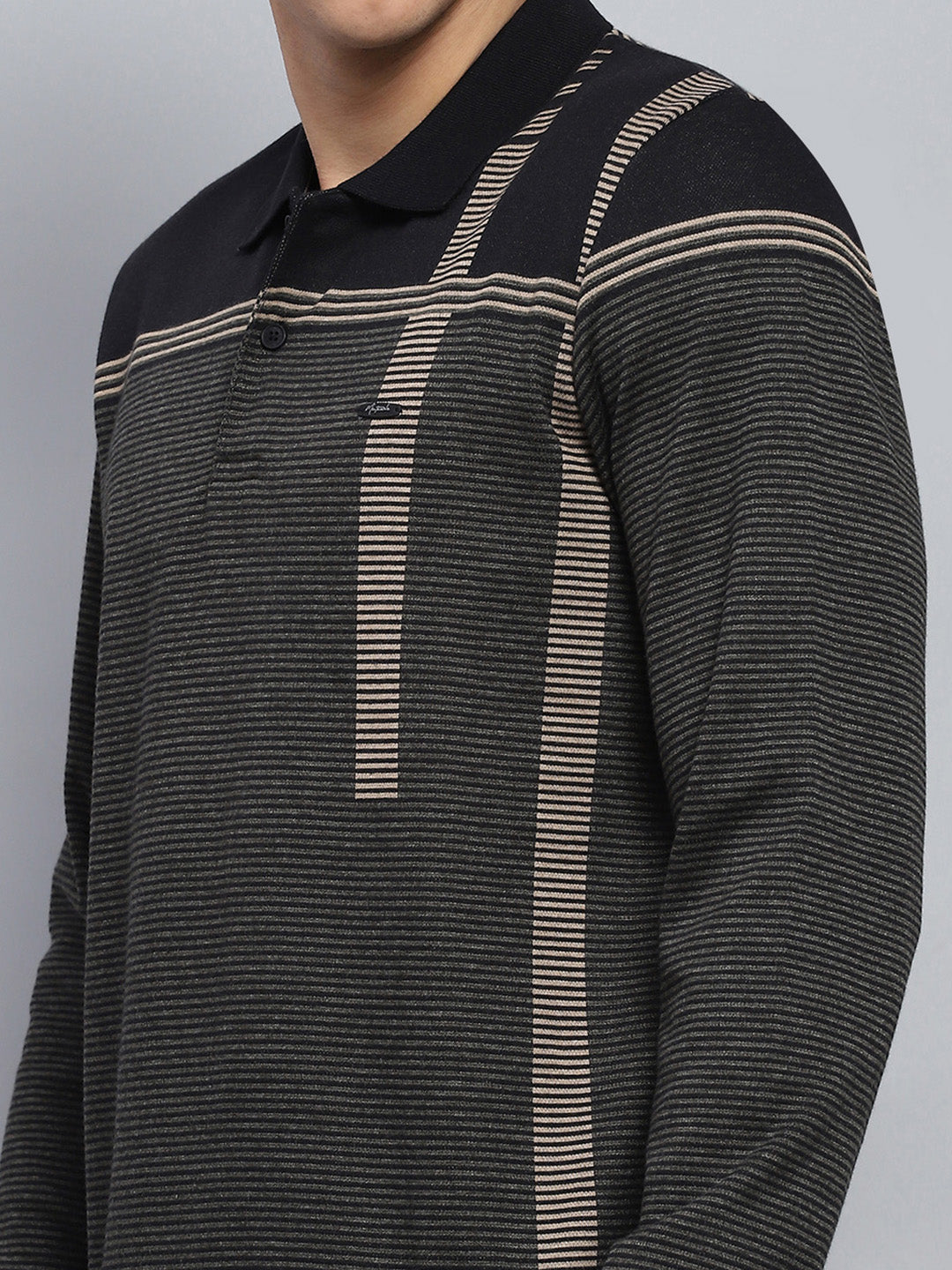 Men Black Stripe Collar Full Sleeve Winter T-Shirt