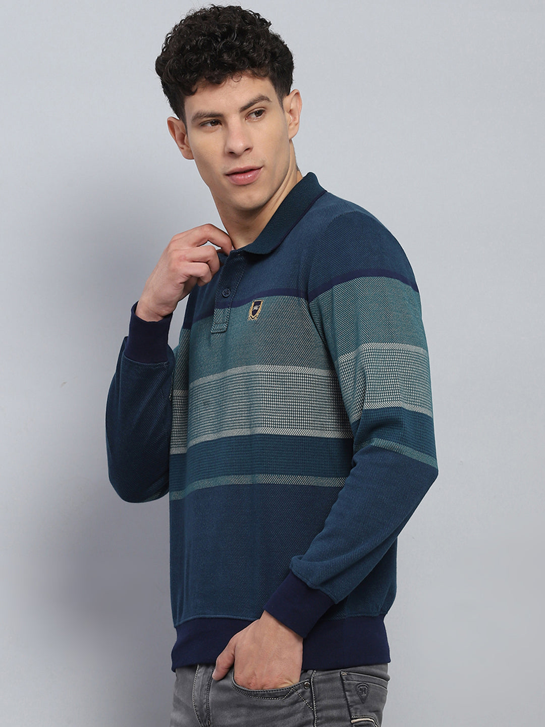 Men Green Stripe Collar Full Sleeve Winter T-Shirt