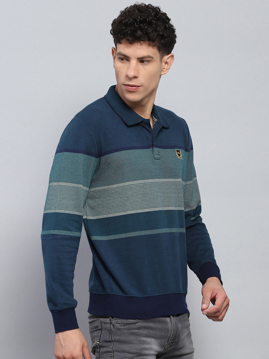 Men Green Stripe Collar Full Sleeve Winter T-Shirt