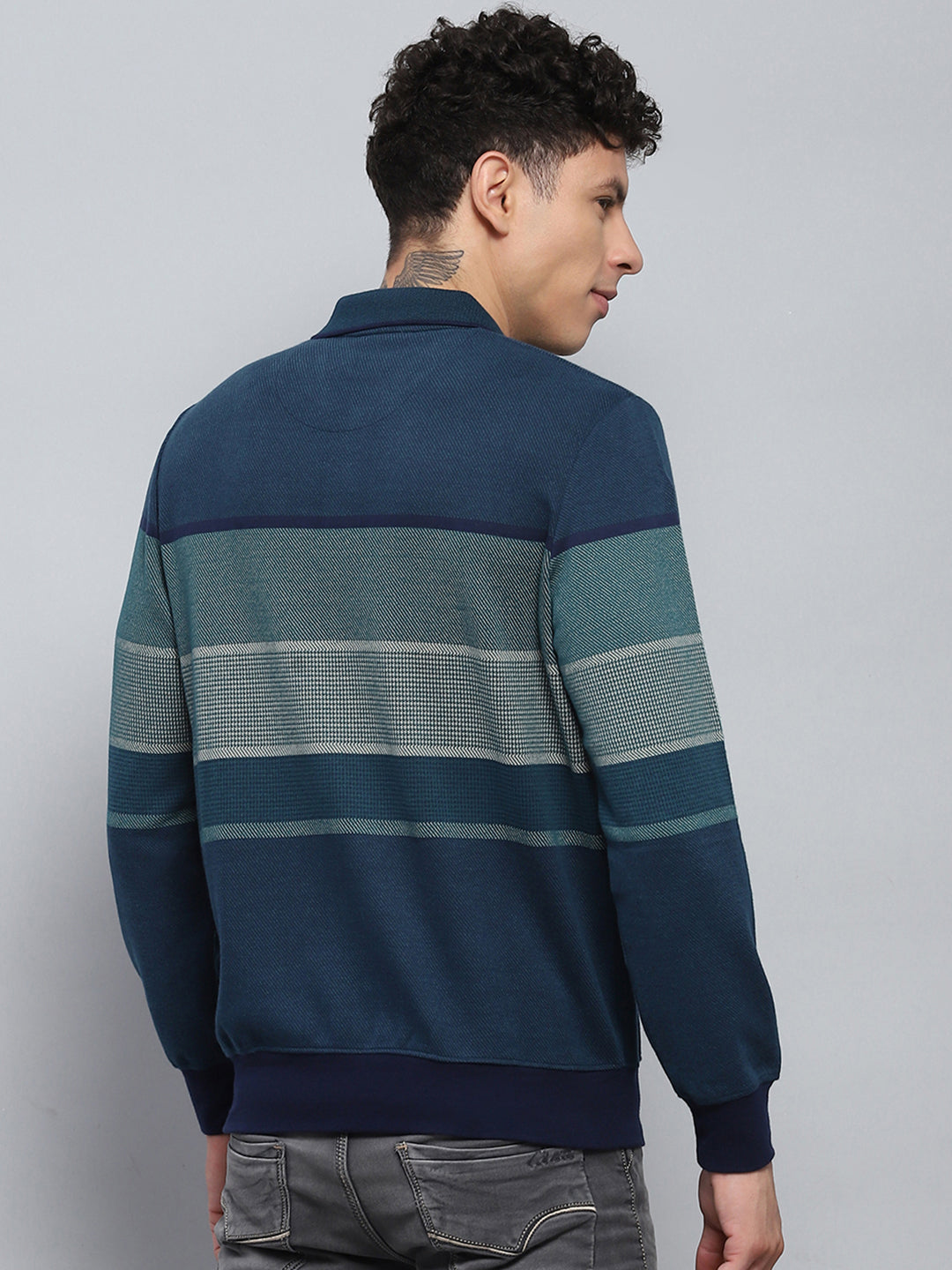 Men Green Stripe Collar Full Sleeve Winter T-Shirt