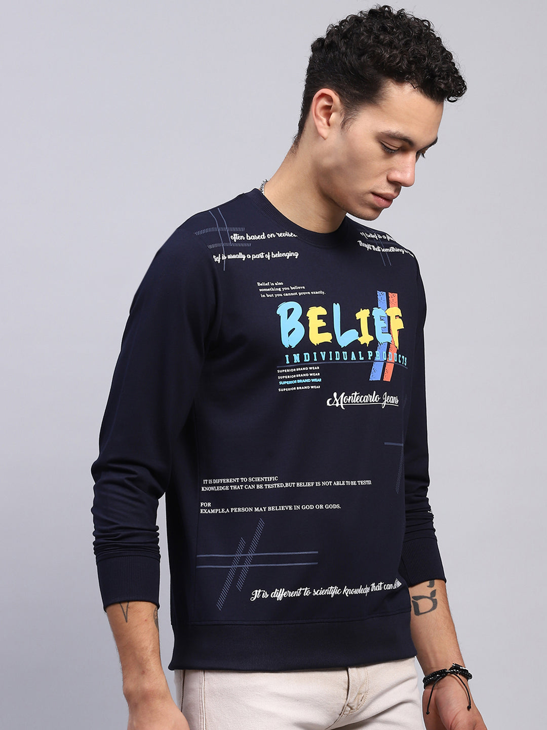 Men Navy Blue Printed Round Neck Full Sleeve Winter T-Shirt