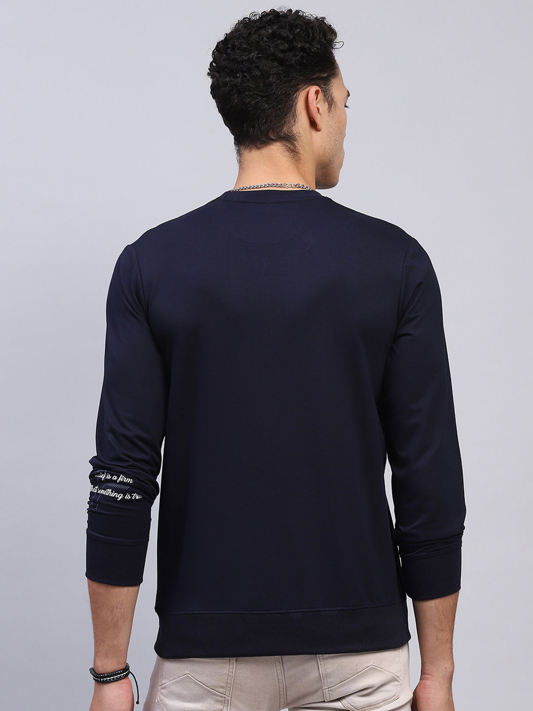 Men Navy Blue Printed Round Neck Full Sleeve Winter T-Shirt