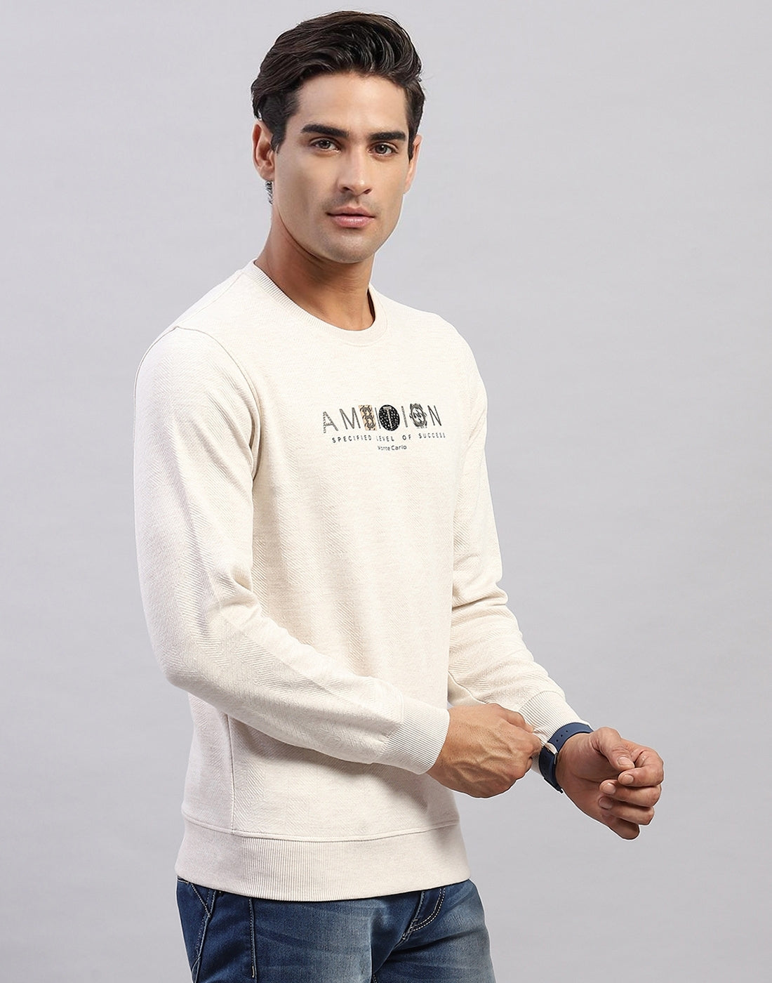 Men Beige Printed Round Neck Full Sleeve Winter T-Shirt