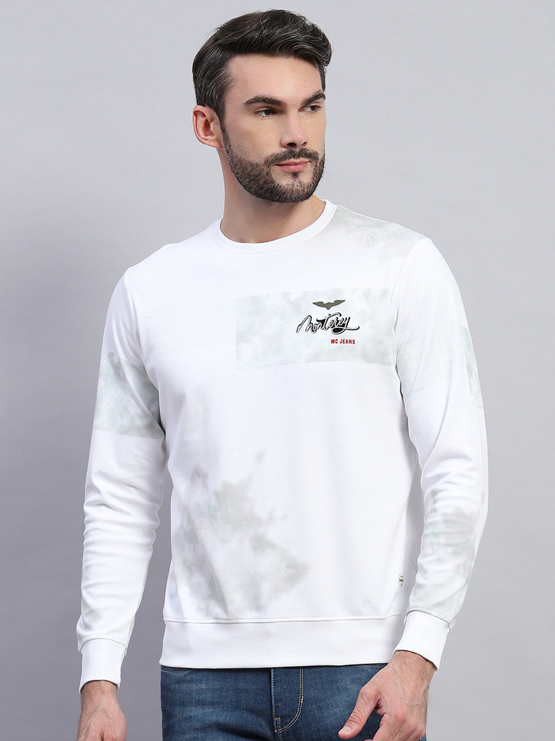 Men White Printed Round Neck Full Sleeve T-Shirt