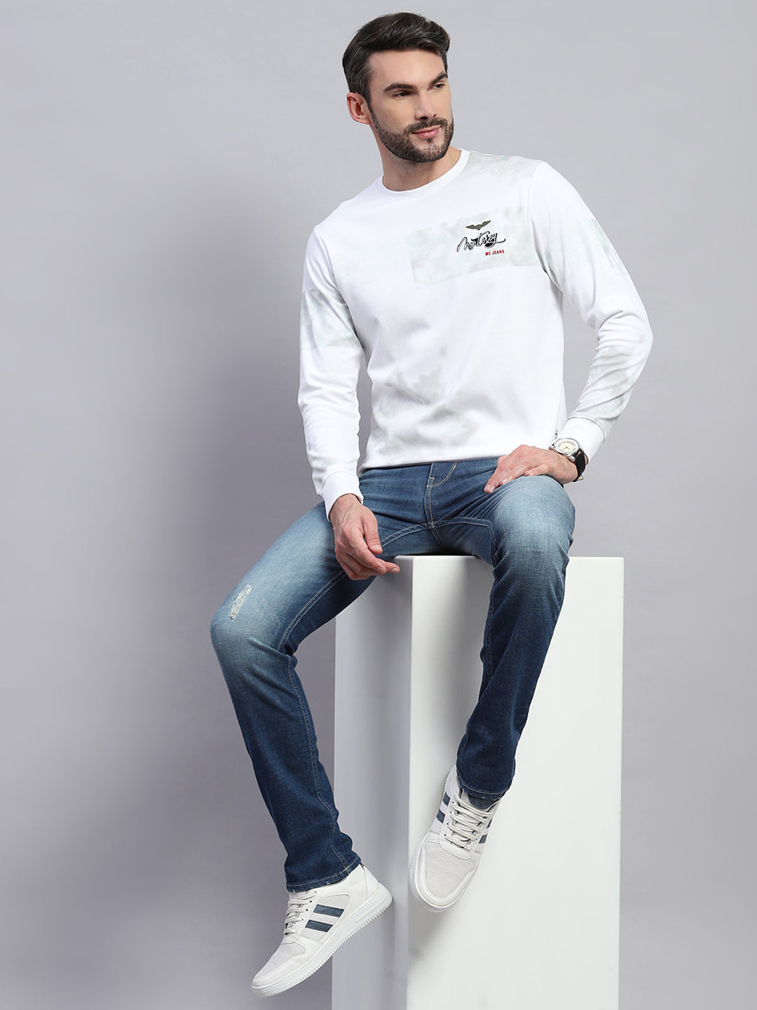 Men White Printed Round Neck Full Sleeve T-Shirt