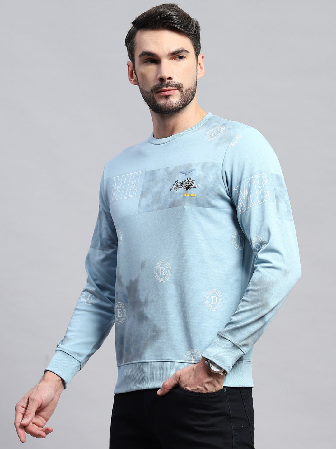 Men Blue Printed Round Neck Full Sleeve T-Shirt