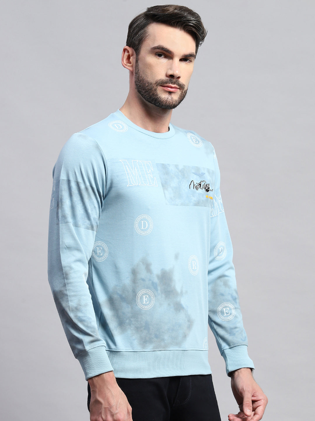 Men Blue Printed Round Neck Full Sleeve T-Shirt