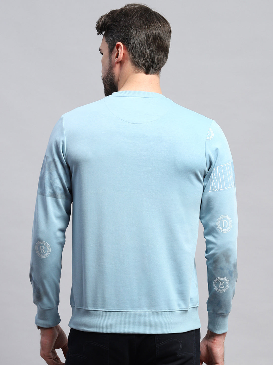 Men Blue Printed Round Neck Full Sleeve T-Shirt