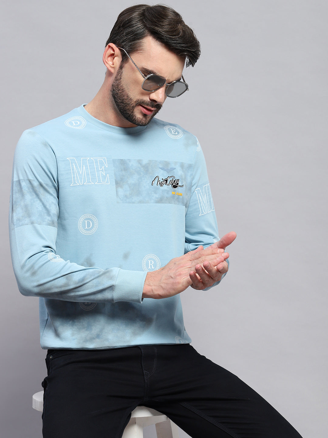 Men Blue Printed Round Neck Full Sleeve T-Shirt