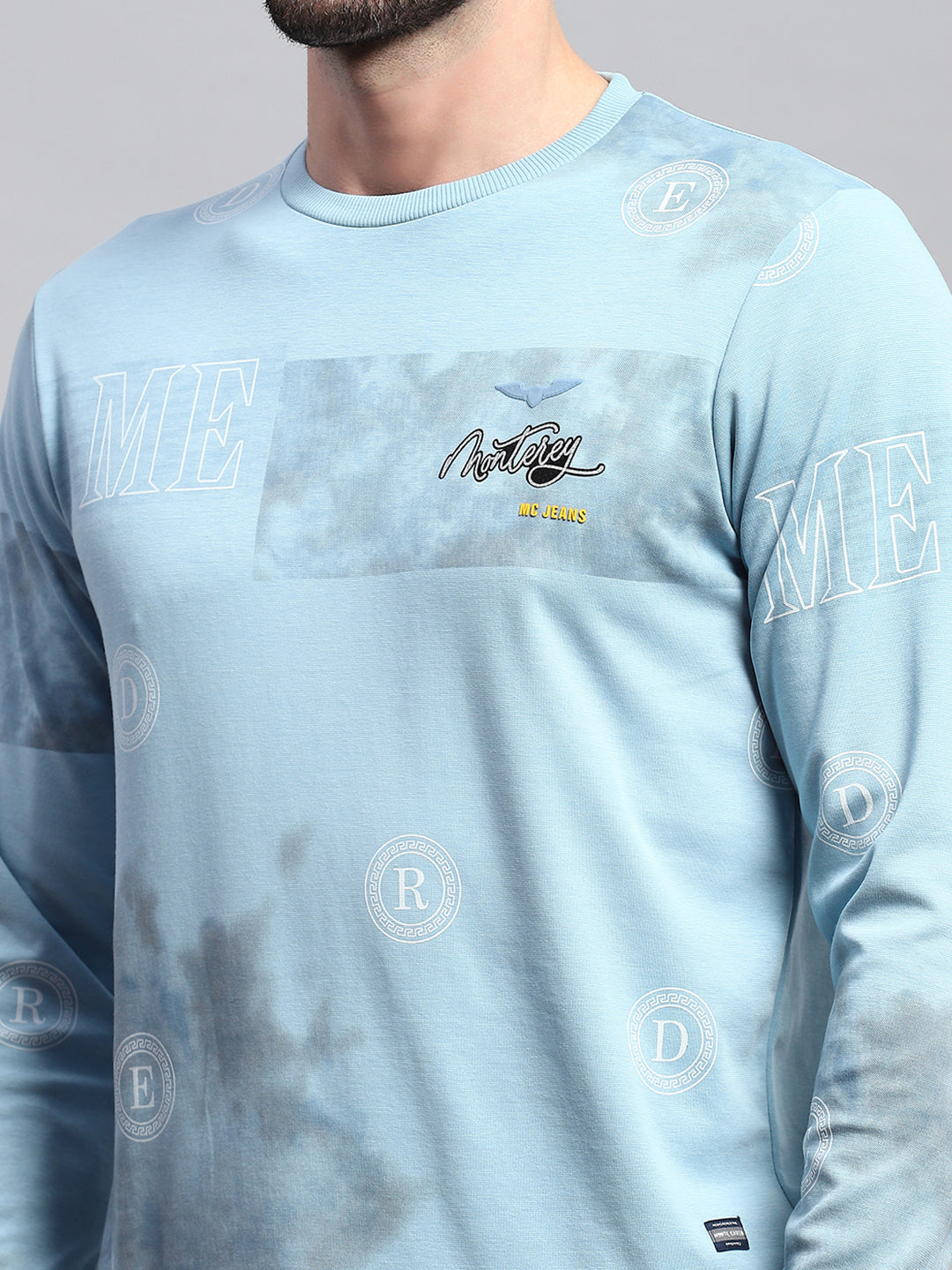 Men Blue Printed Round Neck Full Sleeve T-Shirt