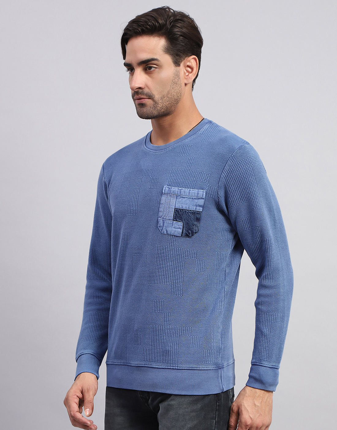 Men Blue Solid Round Neck Full Sleeve Winter T-Shirt