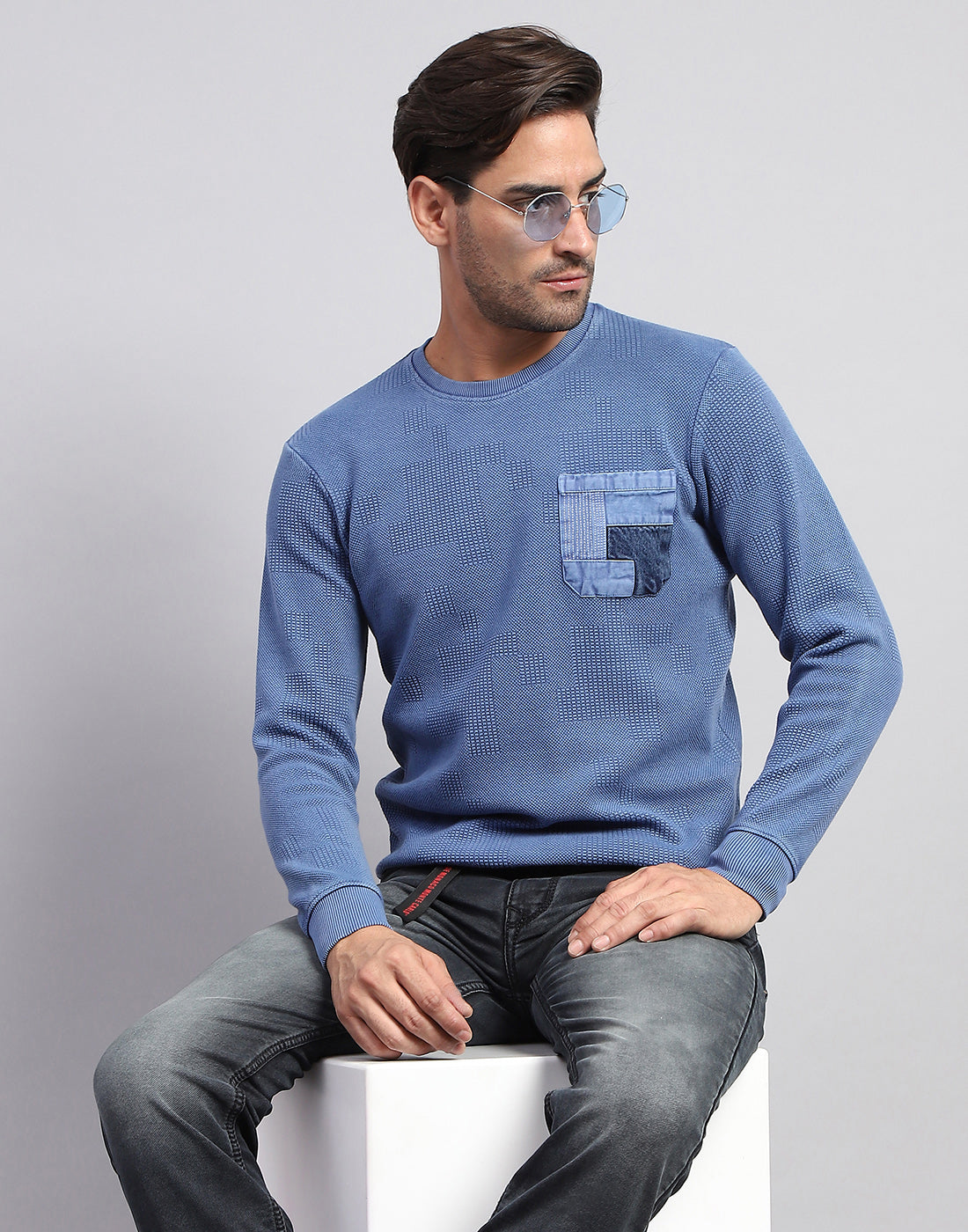 Men Blue Solid Round Neck Full Sleeve Winter T-Shirt