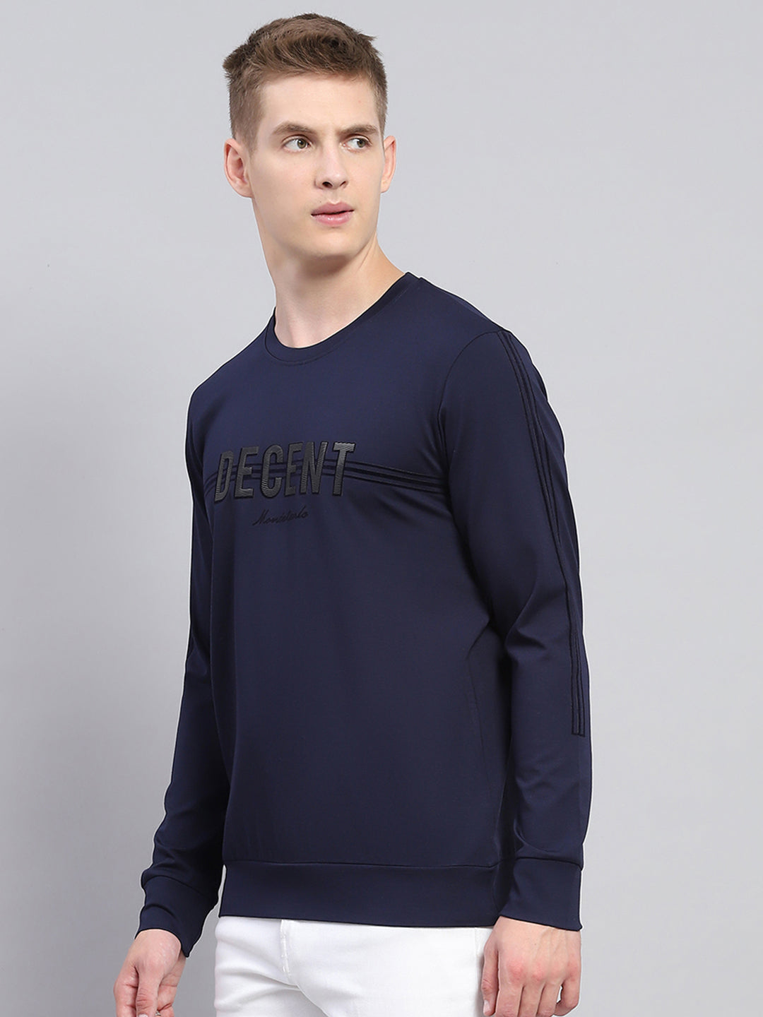 Men Navy Blue Printed Round Neck Full Sleeve Winter T-Shirt