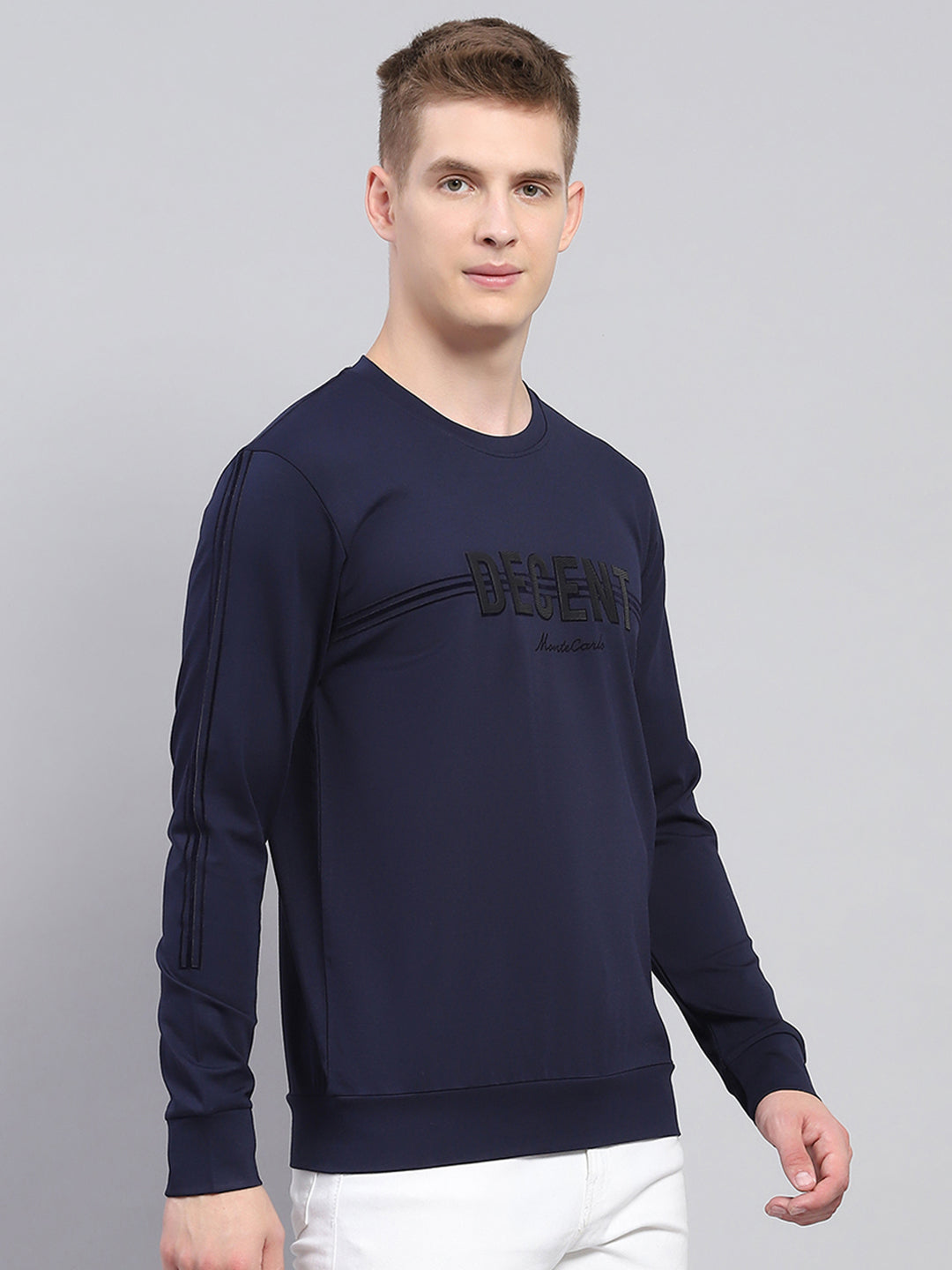 Men Navy Blue Printed Round Neck Full Sleeve Winter T-Shirt