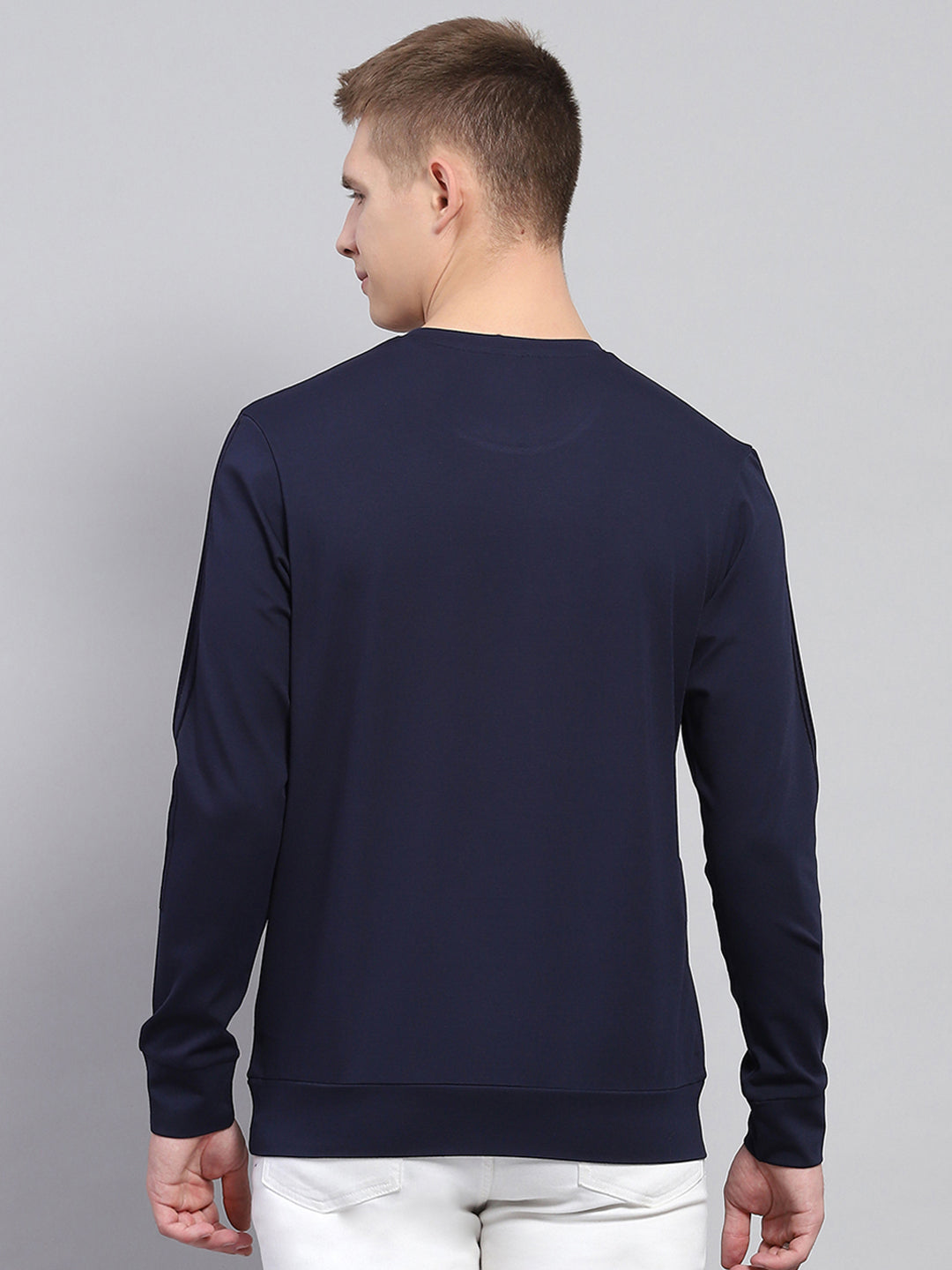 Men Navy Blue Printed Round Neck Full Sleeve Winter T-Shirt