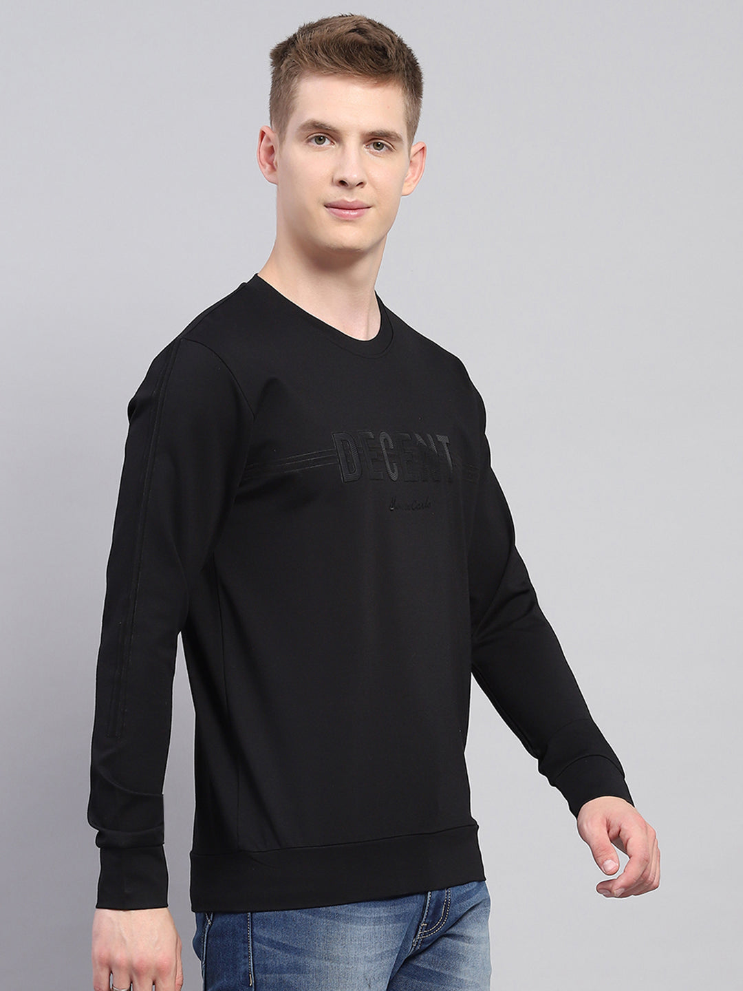 Men Black Printed Round Neck Full Sleeve Winter T-Shirt