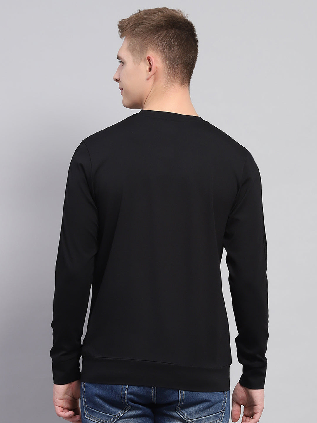 Men Black Printed Round Neck Full Sleeve Winter T-Shirt