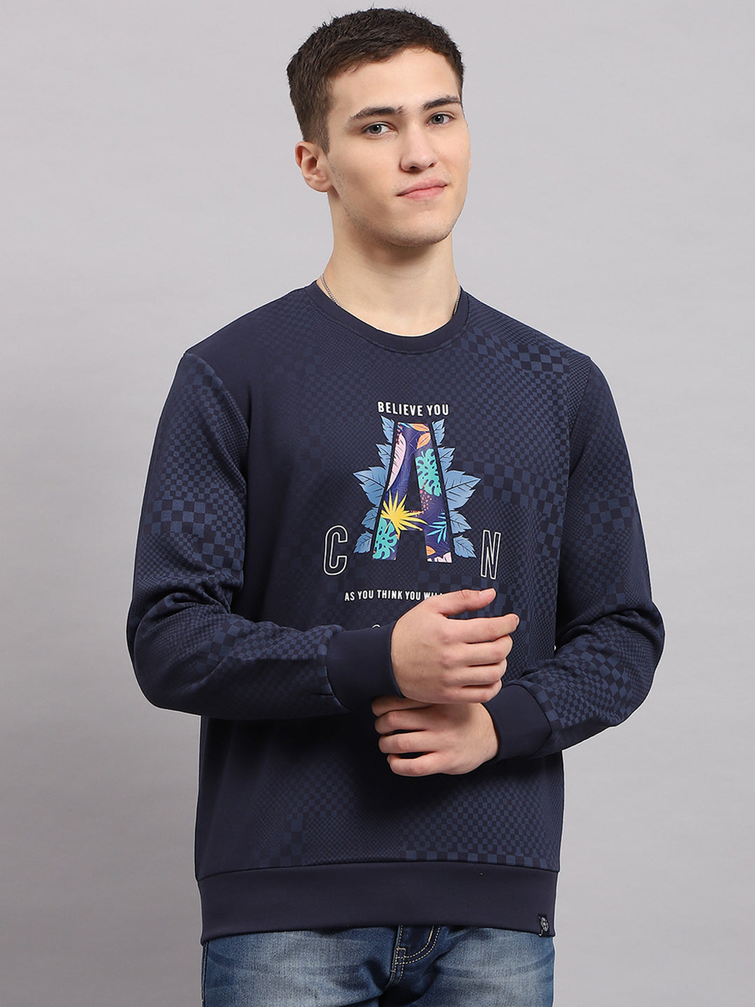 Men Navy Blue Printed Round Neck Full Sleeve T-Shirt