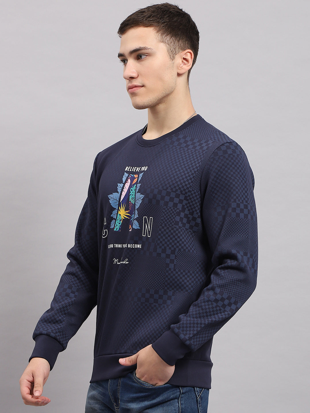 Men Navy Blue Printed Round Neck Full Sleeve T-Shirt