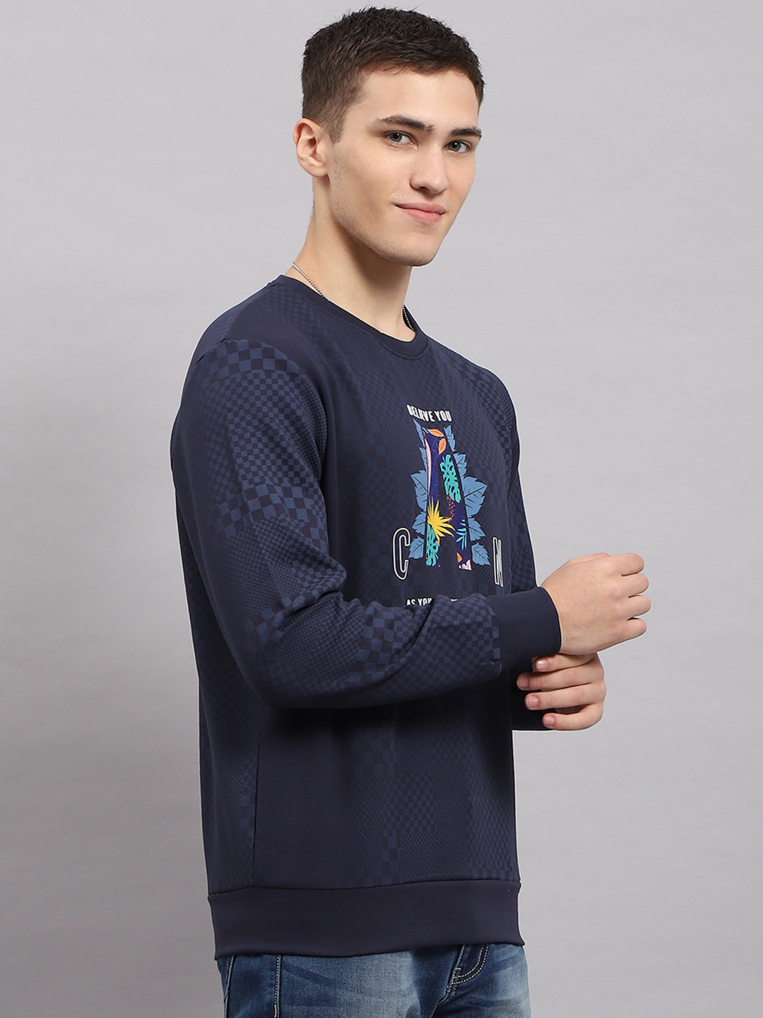 Men Navy Blue Printed Round Neck Full Sleeve T-Shirt