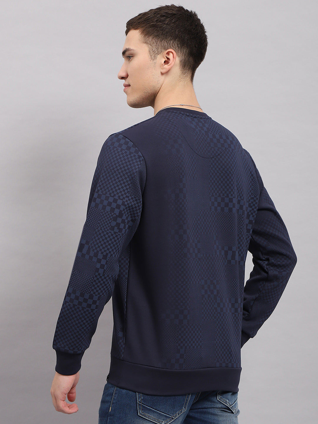 Men Navy Blue Printed Round Neck Full Sleeve T-Shirt