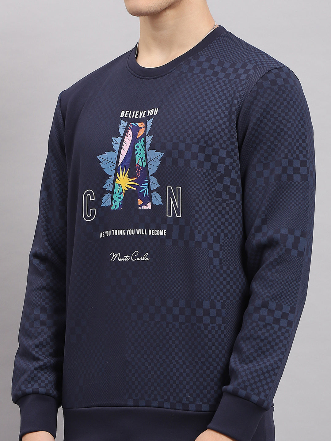 Men Navy Blue Printed Round Neck Full Sleeve T-Shirt