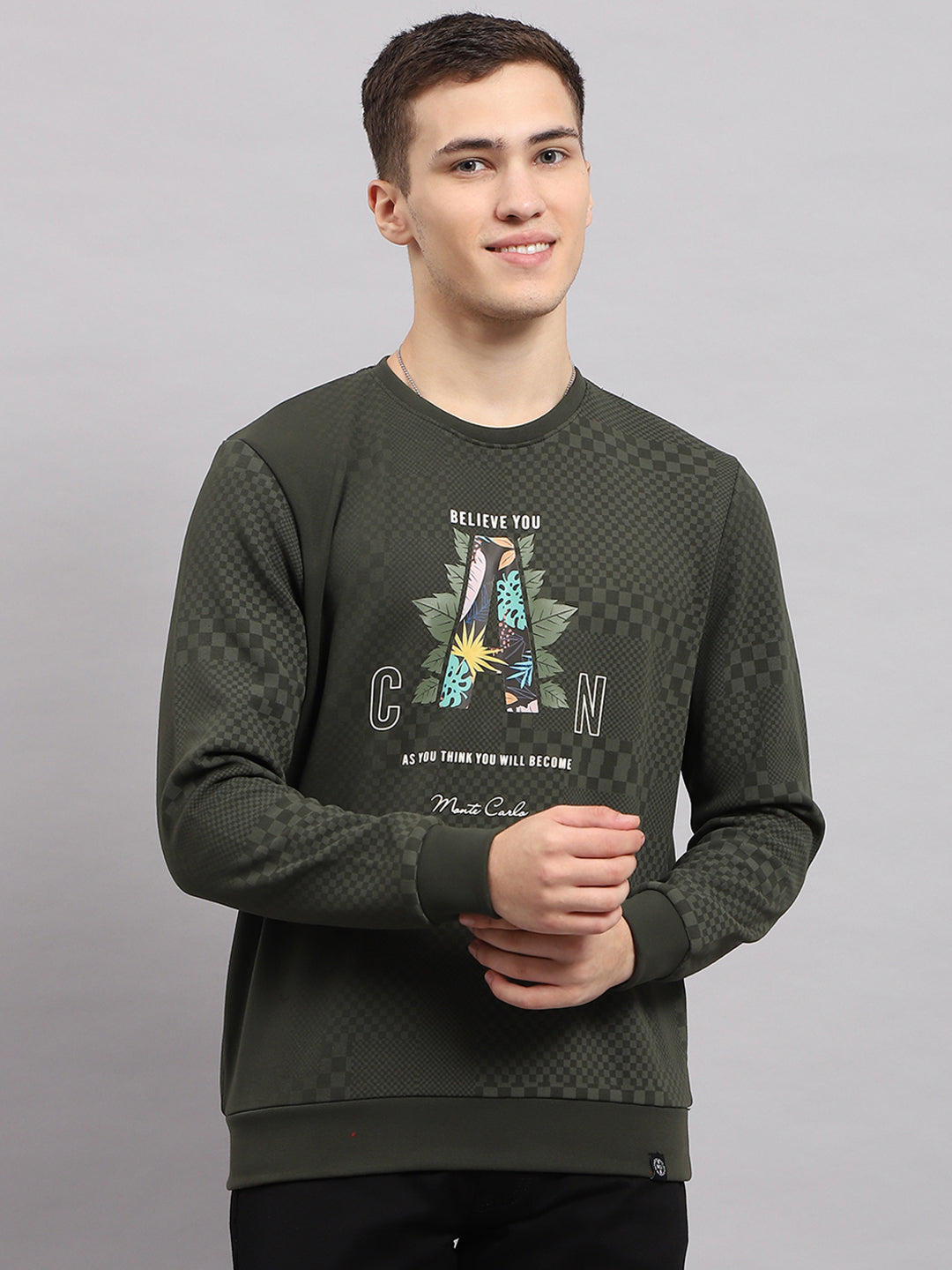 Men Green Printed Round Neck Full Sleeve T-Shirt