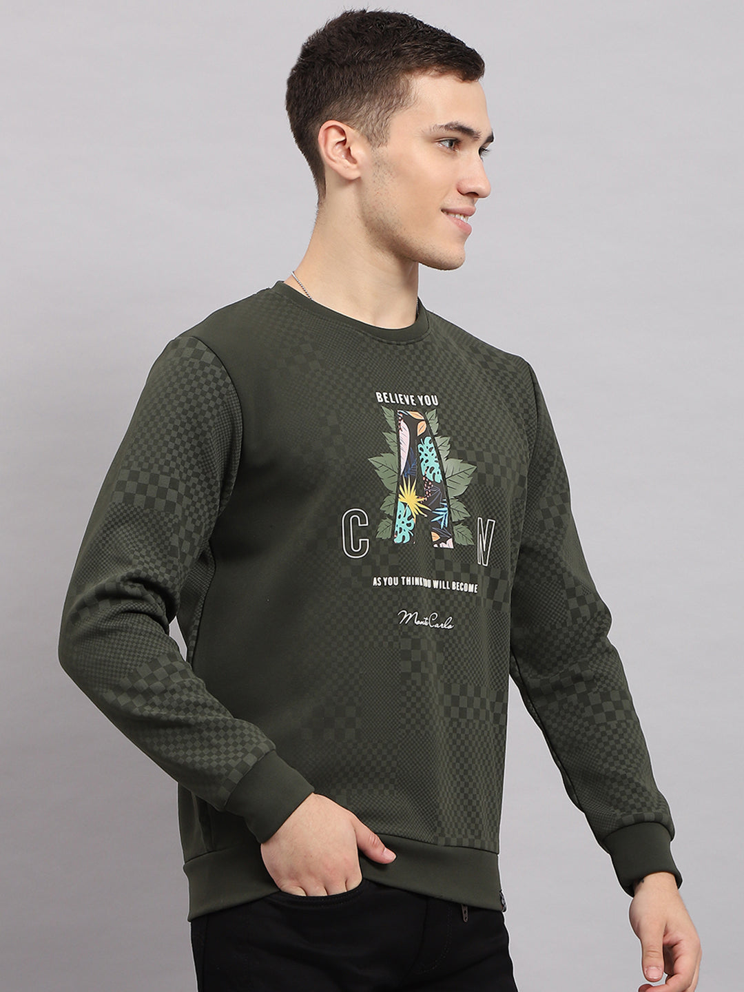 Men Green Printed Round Neck Full Sleeve T-Shirt