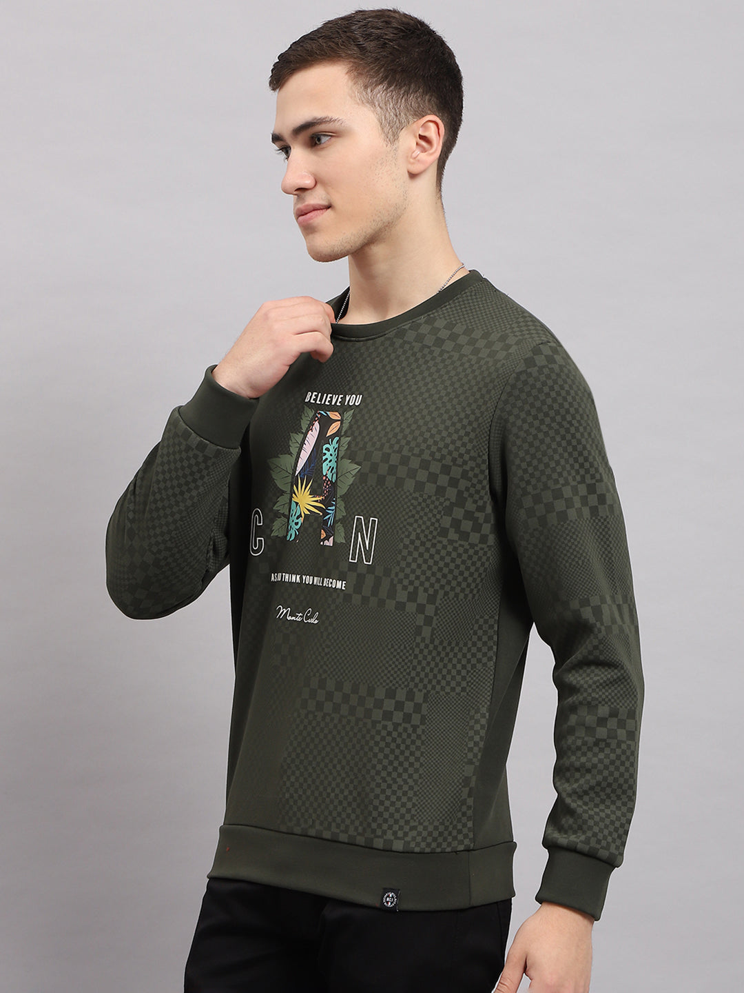 Men Green Printed Round Neck Full Sleeve T-Shirt