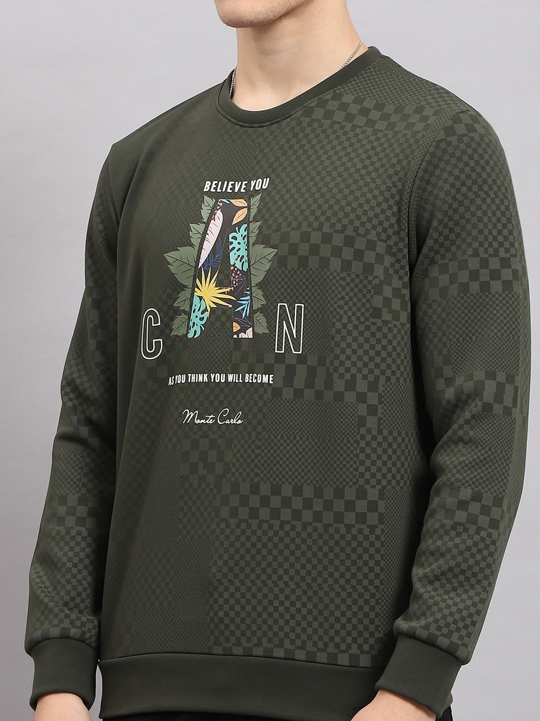 Men Green Printed Round Neck Full Sleeve T-Shirt