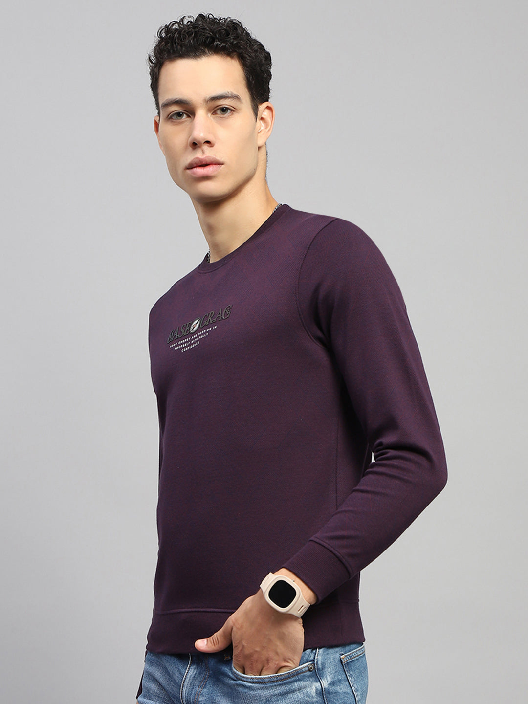 Men Burgundy Printed Round Neck Full Sleeve Winter T-Shirt