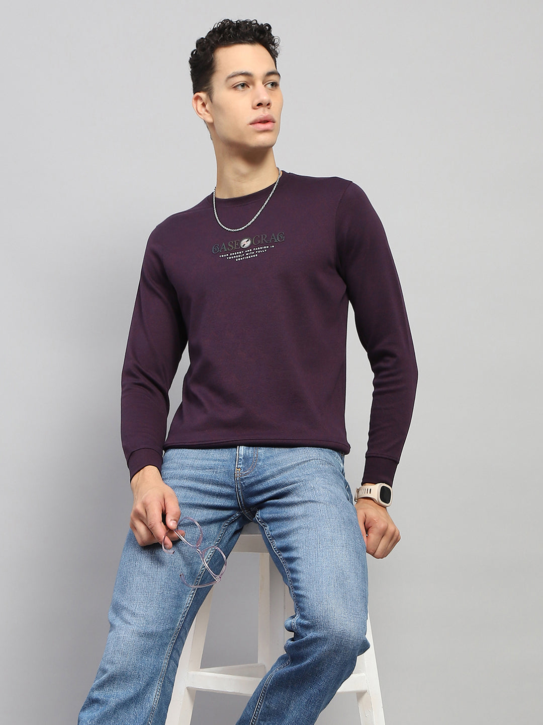 Men Burgundy Printed Round Neck Full Sleeve Winter T-Shirt