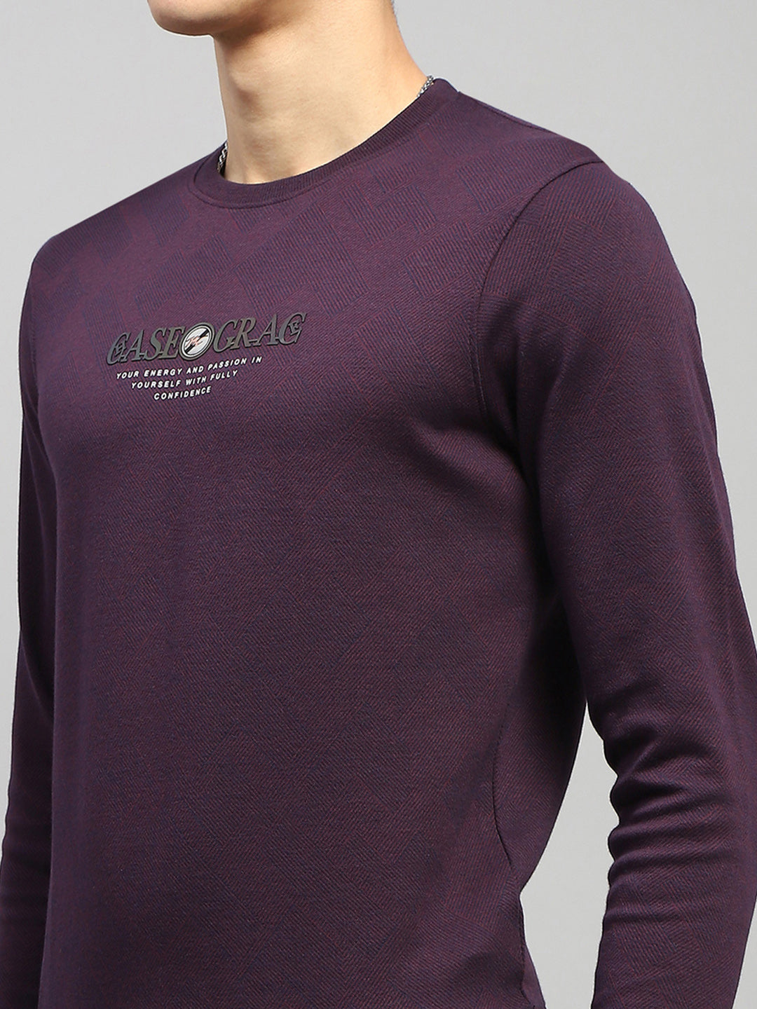 Men Burgundy Printed Round Neck Full Sleeve Winter T-Shirt