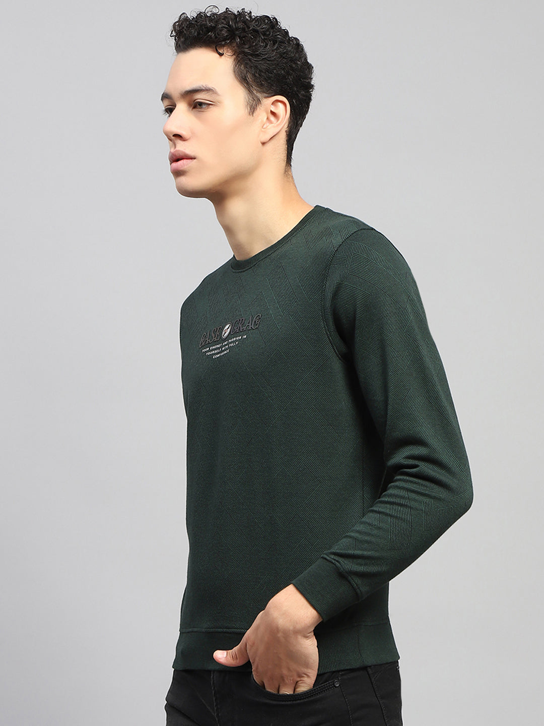 Men Green Printed Round Neck Full Sleeve Winter T-Shirt